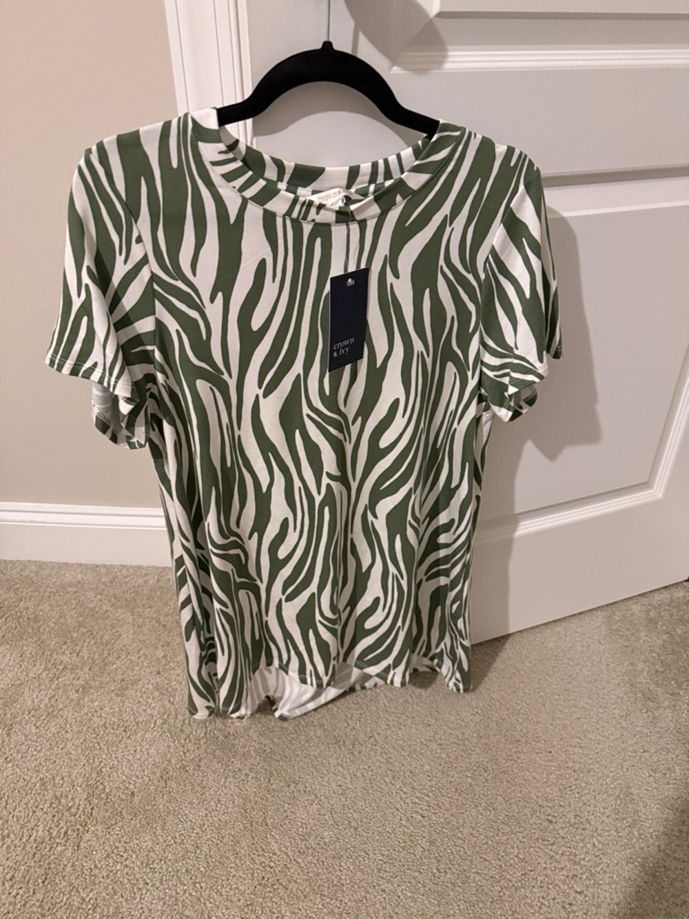 crown & ivy Olive and White Zebra Stripe Short Sleeve Tee